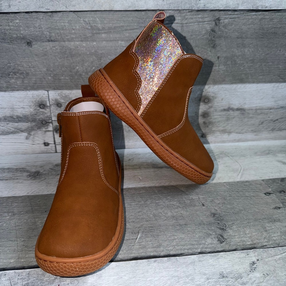 Livie & Luca Girls Brown Glitter Scallop Ankle Boots Honeycomb Sole Size 10